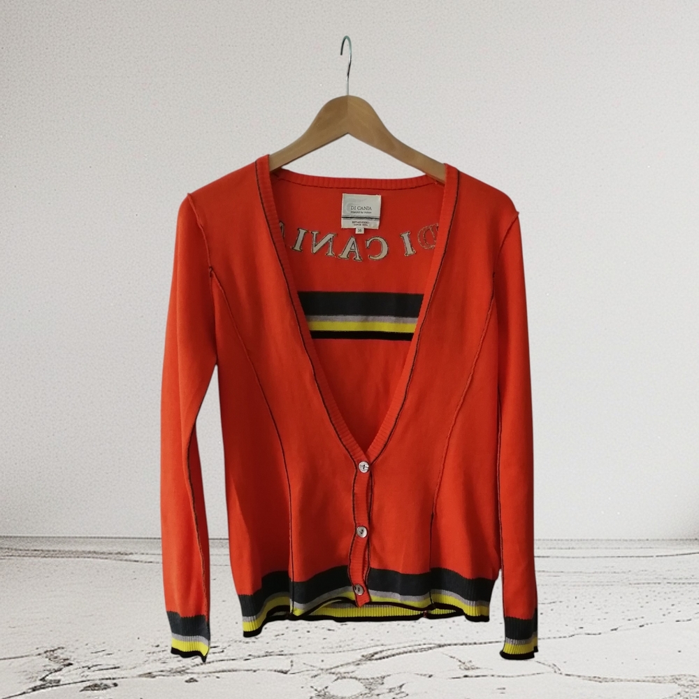 Stylish Orange Cardigan with Black and Yellow Details